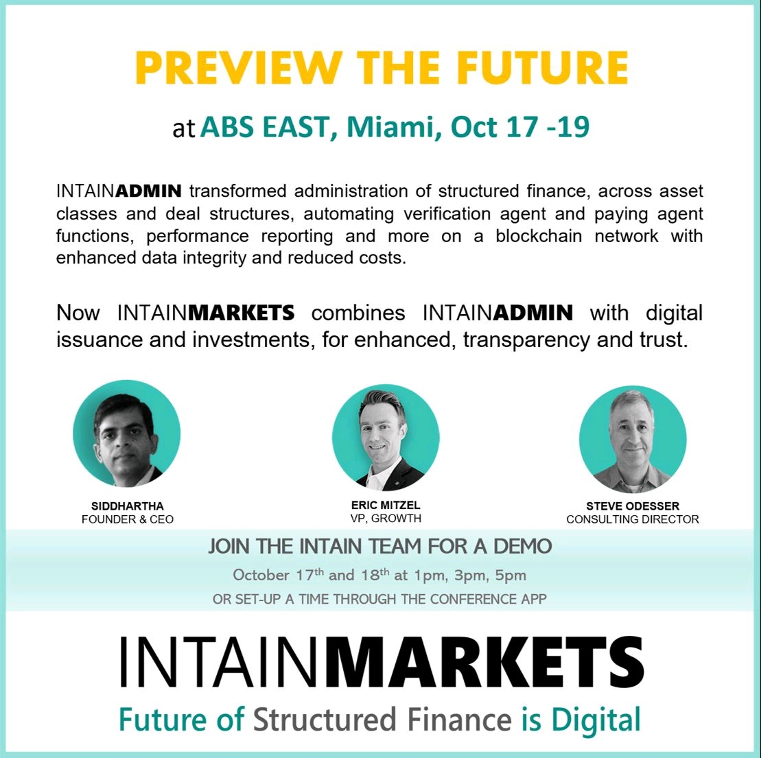 intainft's tweet photo. #IntainADMIN now has 28 traditional ABS/MBS deals worth more than $5.5B being administered digitally, on blockchain.

#IntainMARKETS will extend that to issuance and investments in structured finance, with first deal to be live in this quarter

Join us for a preview https://t.co/PRmsqHfU1w