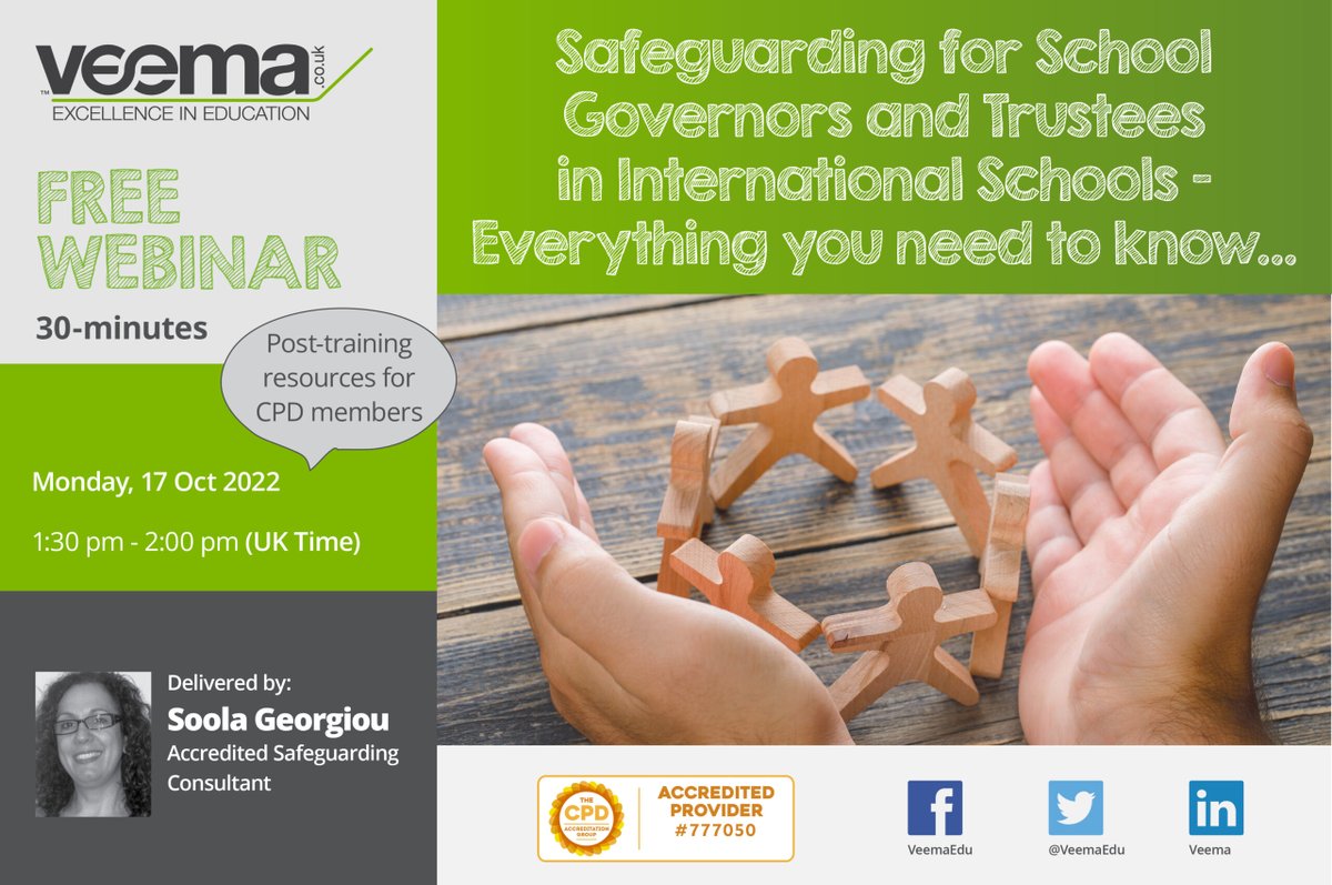 Register now for 'Safeguarding for School Governors and Trustees in International Schools'. FIND OUT MORE: veema.co.uk/product/safegu…. #cobis #bsme #fobisia #Schoolgovernors