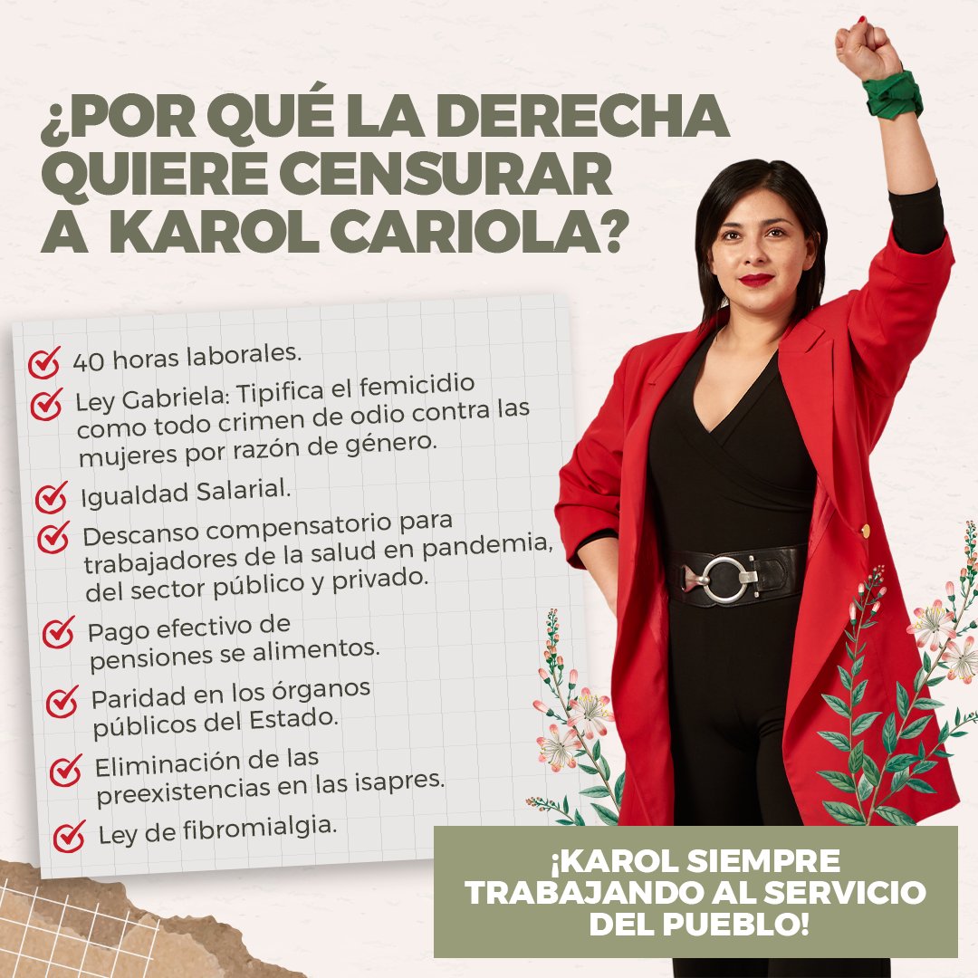 📢 <a href="/KarolCariola/">Karol Cariola Oliva</a> es compromiso, verdad y sensatez! 
Conoce la realidad de Chile y su pueblo, su trabajo en el congreso lo demuestra.