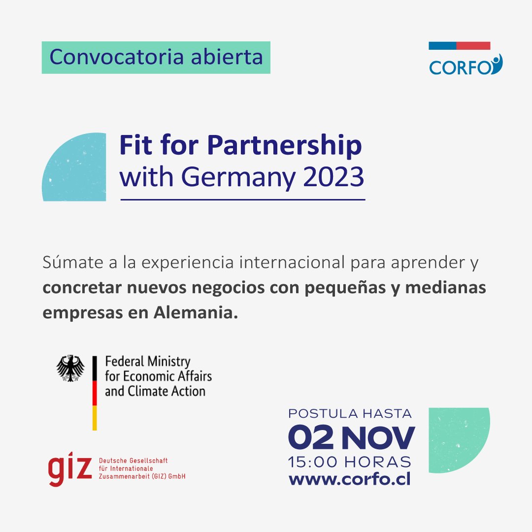 CorfoAysen's tweet photo. ✈️¡¿Deseas realizar nuevas conexiones con empresas alemanas, aprender de ellas o llevar tu negocio a ese país? 
Postula al #Fit4PArtnership e impulsa tu proyecto. 

🔴Postula hasta el 02 de noviembre https://t.co/GGK4F8AZiF
@ProchileA @meconomiaaysen @DPRAysen @redproemp_aysen https://t.co/oUbk0uGLeE
