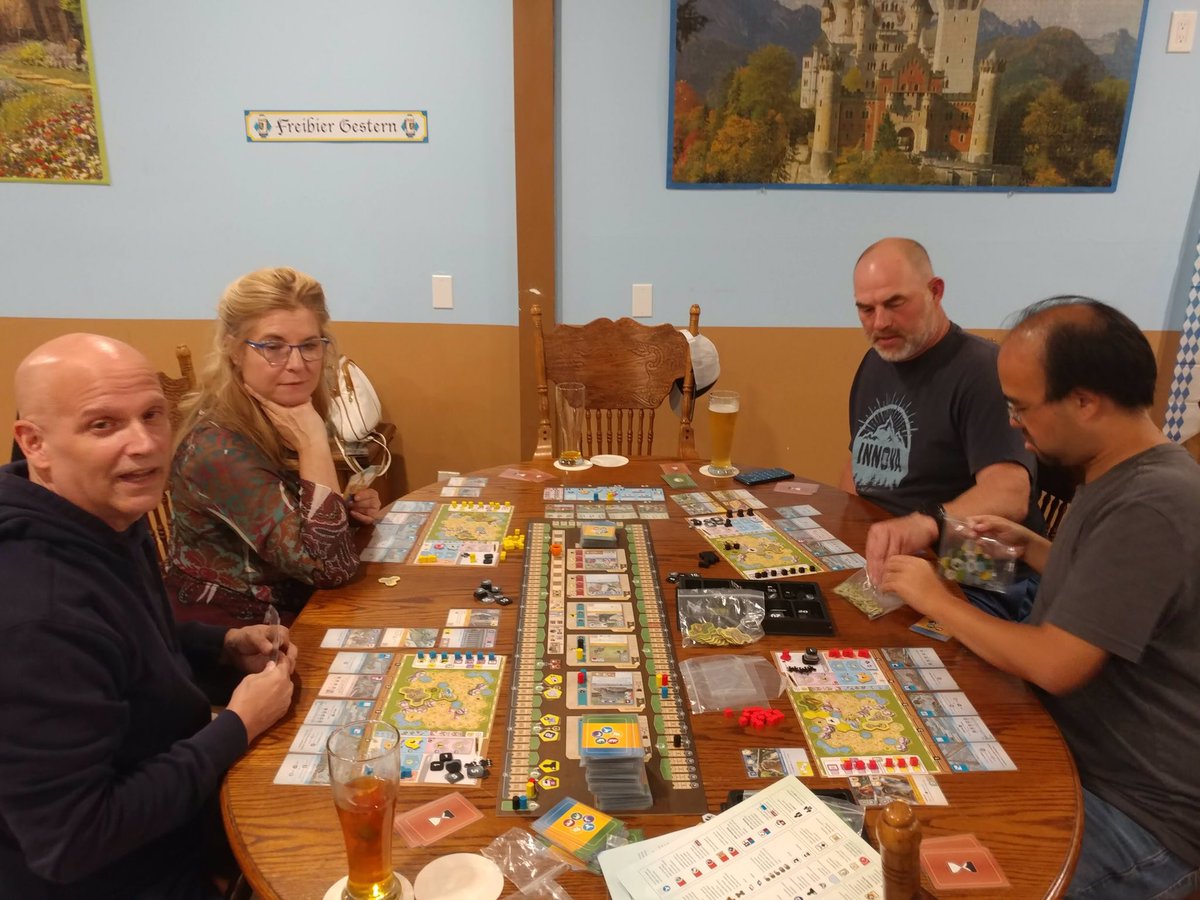 BoardGameBloke's tweet photo. #VCSBG Monday night #boardgames and #craftbeer at Angry Ferret in #Moorpark. Glad to get Evo onto the table. Having the climate go back twice was unexpected. Few legs came out early too. Fun game though. Ark Nova, Concordia, RA, and others were also played. https://t.co/eySMEnmY0f