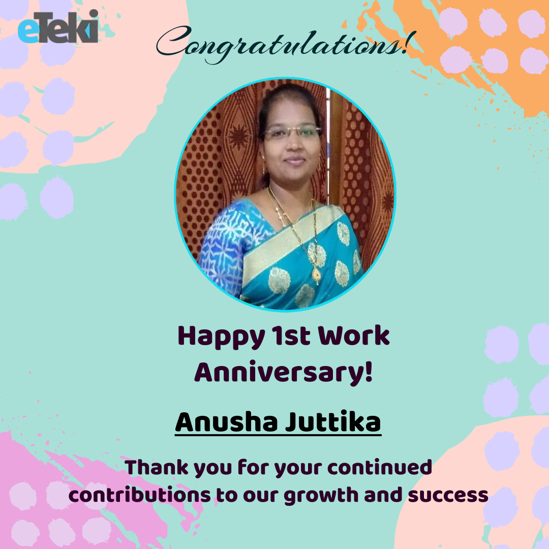 eTeki_Inc's tweet photo. Congratulations to Anusha Juttika! Happy 1st Work Anniversary! We appreciate all your continued contributions to eTeki's growth and success. #HappyAnniversary #WorkAnniversary #FutureOfWork https://t.co/Y4MVh90ORI