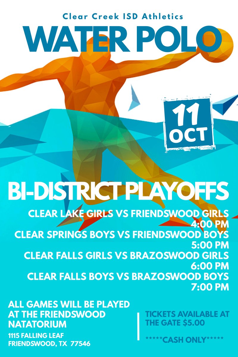 Bi-District Water Polo starts TODAY with 4 games in Friendswood! Tickets are available at the gate only for $5.00 cash.