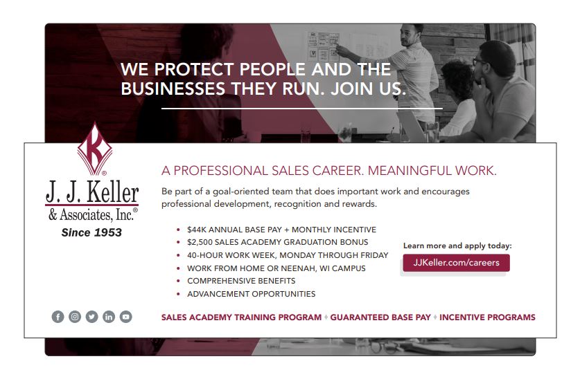 Join our growing sales team of 500+ associates at J. J. Keller as we help employers protect people and the businesses they run.

Learn more and APPY TODAY:  bit.ly/3rNlLX6

#jjkellerdifference #jjksalesacademy #jjksales #workfromhome #remotejobs #insidesales #Neenah