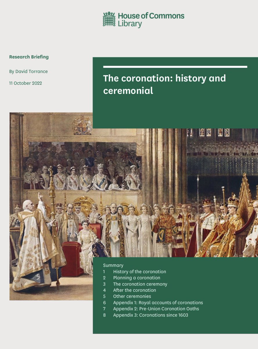 We now have a coronation date so here’s a new <a href="/commonslibrary/">Commons Library</a> briefing paper on, what else, coronations: it’s packed full of information on the ceremony’s historical evolution &amp; also its constitutional and ceremonial aspects: researchbriefings.files.parliament.uk/documents/CBP-… #coronation #coronation2023
