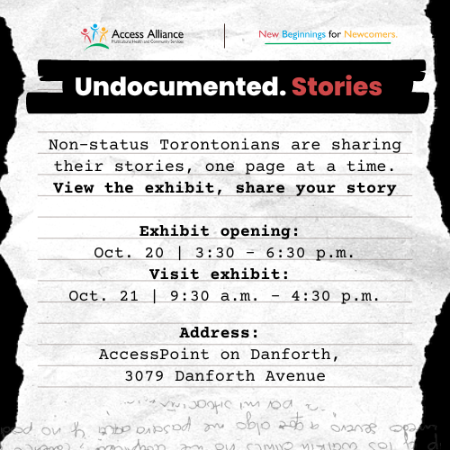 📝The 'Undocumented. Stories' exhibit shares anonymous stories written by undocumented people living in Toronto. These stories tell about the realities of life without status and the inequities they face without #StatusForAll. Visit the exhibit Oct. 20 and 21, 3079 Danforth Ave.