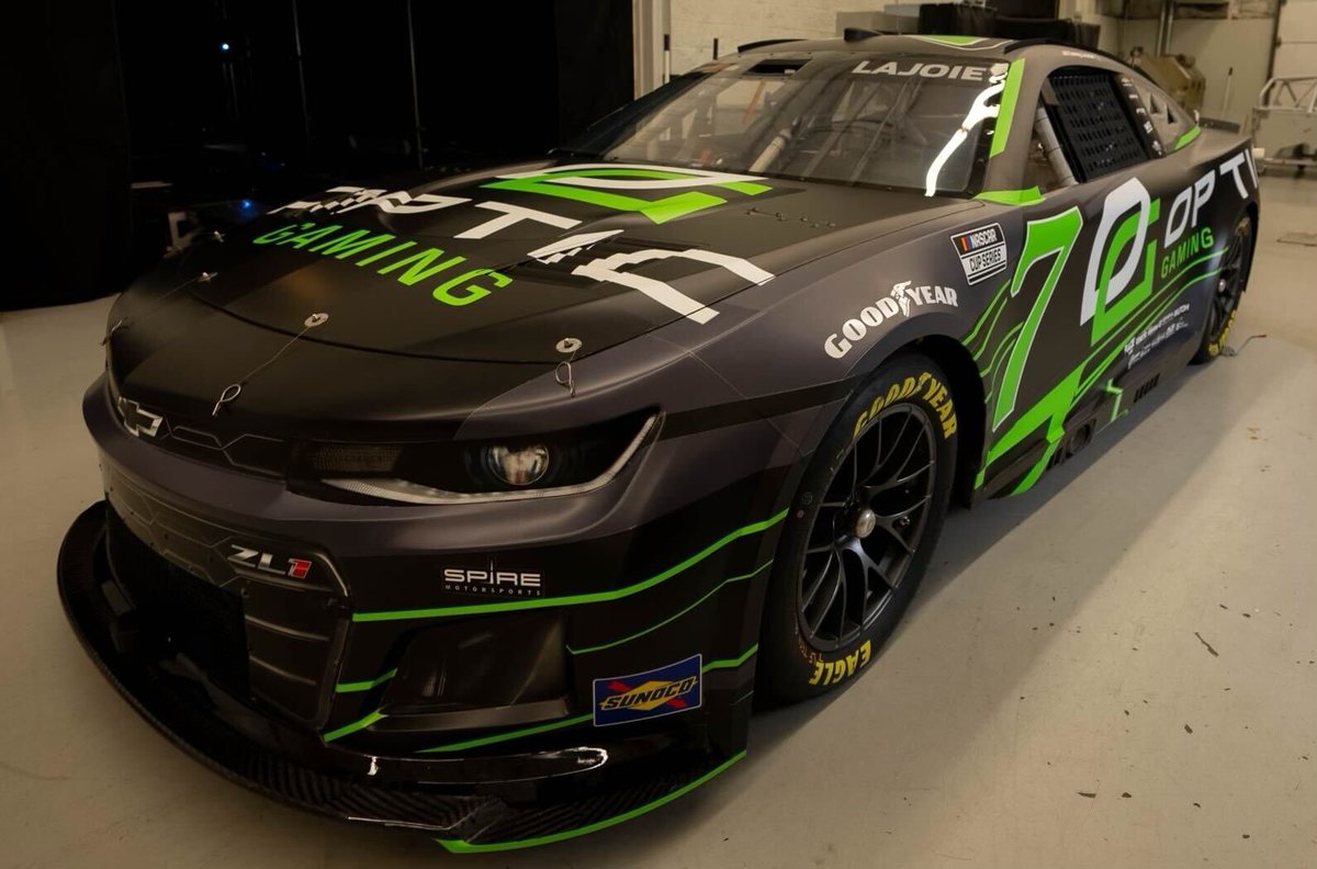 OpTic's tweet photo. This Sunday, live from Las Vegas!

#OpTicNASCAR 2:30PM ET on NBC

In an epic partnership with @SpireMotorsport, @NASCAR Car #7 &amp; Driver @CoreyLaJoie take on The Las Vegas Motor Speedway &amp; push the OpTic logo the fastest it's ever gone! 🏎️☁️ https://t.co/qTourGhmRk