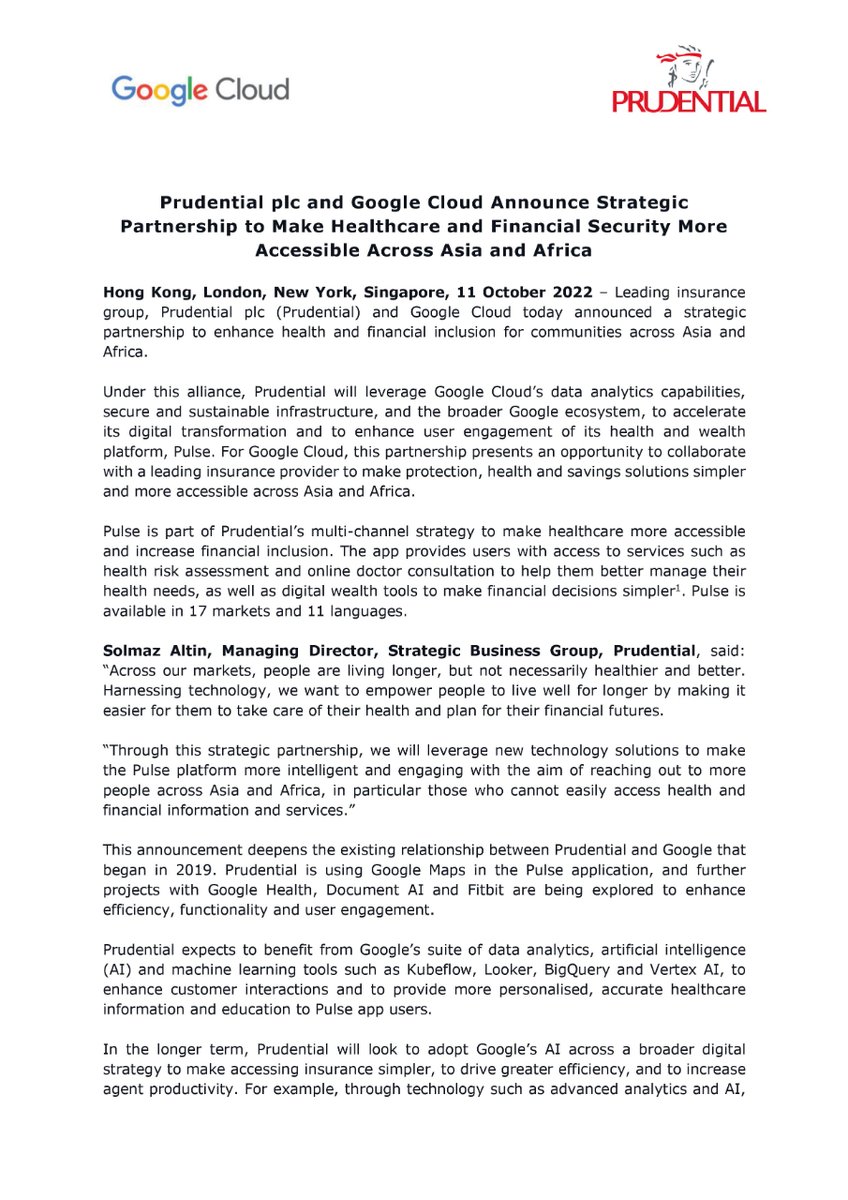 PruBeneficialcm's tweet photo. Prudential plc et Google Cloud annoncent la signature d'un partenariat
stratégique pour rendre les soins de santé et la sécurité financière plus
accessibles en Asie et en Afrique.
#Prudential #PruAfrica #Prudentialplc https://t.co/PDp8rCoNNR
