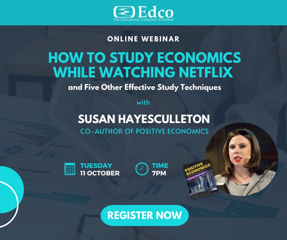 SusanHayes_'s tweet image. 10 minutes to go until our first @edco_ie #PositiveEconomics webinar this year!

If you want to learn hoe to study economics while watching #Netflix and five other effective techniques, you still have time to register!

us06web.zoom.us/webinar/regist…