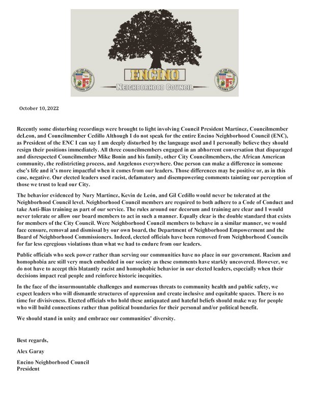 ENCINONC's tweet photo. As President of our Neighborhood Council,  I am deeply disturbed by the actions of our Councilmembers. I am not speaking on behalf of our NC, however as President I denounce the actions of our leaders and hope they will resign immediately. https://t.co/AKDskdiop7