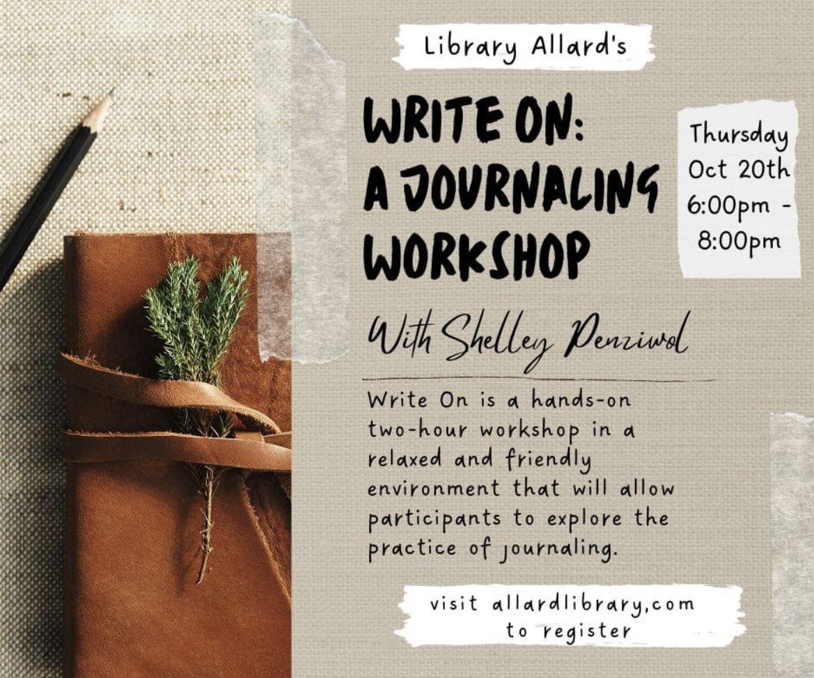 AllardLibrary's tweet image. Our journaling workshop is coming up soon! Join us from 6-8 p.m. on Thursday, October 20. Register at allardlibrary.com/event/write-on…