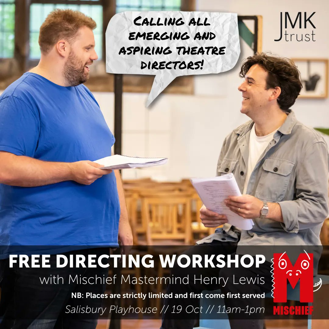 📣 Calling all aspiring and emerging Directors! 📣
Henry Lewis (Director of GOOD LUCK, STUDIO) will be leading a free workshop on directing comedy from 11am – 1pm on 19th October at Salisbury Playhouse. 
For more information and to sign up follow the link: buff.ly/3MlQ0Oe