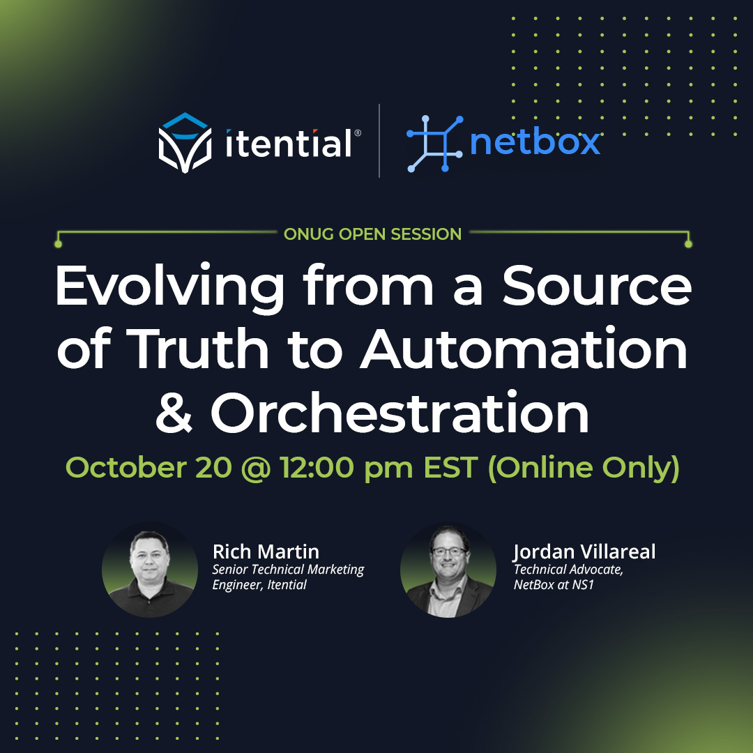 Itential's tweet image. During @ONUG_ we’re teaming up with @NS1’s @NetBoxOfficial! 

Together, @RichMar_Network &amp;amp; @SystemMTUOne will explore how our solutions integrate to provide #NetOps teams with a reliable source of truth for their #NetworkAutomations. Register Now: ow.ly/J1ym50L7jkU