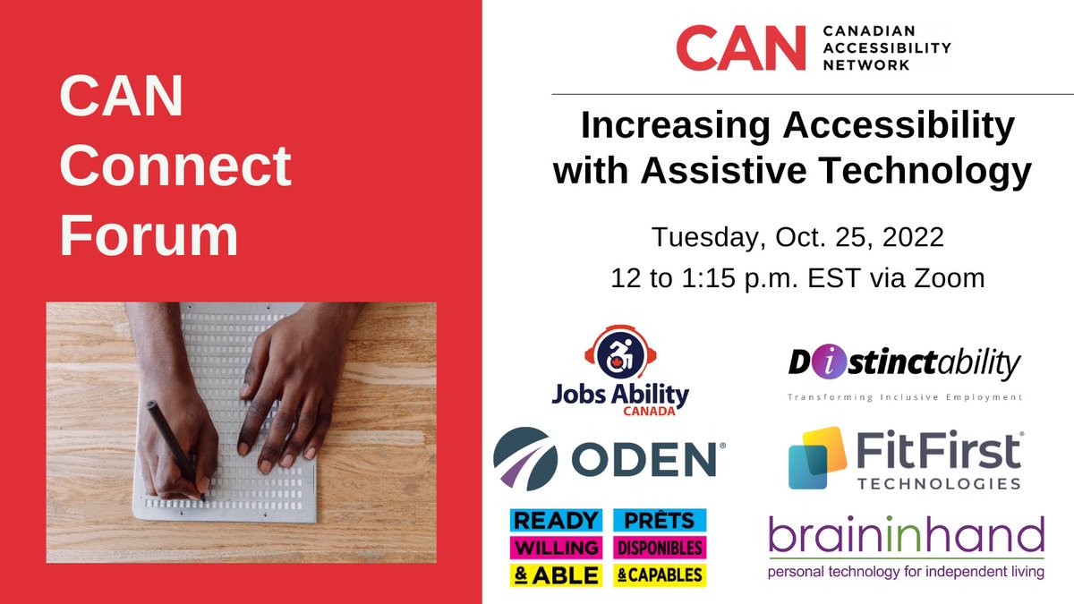 Join us on Oct. 25th from 12-1:15 p.m. EST for the next CAN Connect Forum: Increasing Accessibility with Assistive Technology

Register now to join this engaging, collaborative discussion about how to make workplaces increasingly accessible.

Register here:carleton.ca/read/can/can-e…