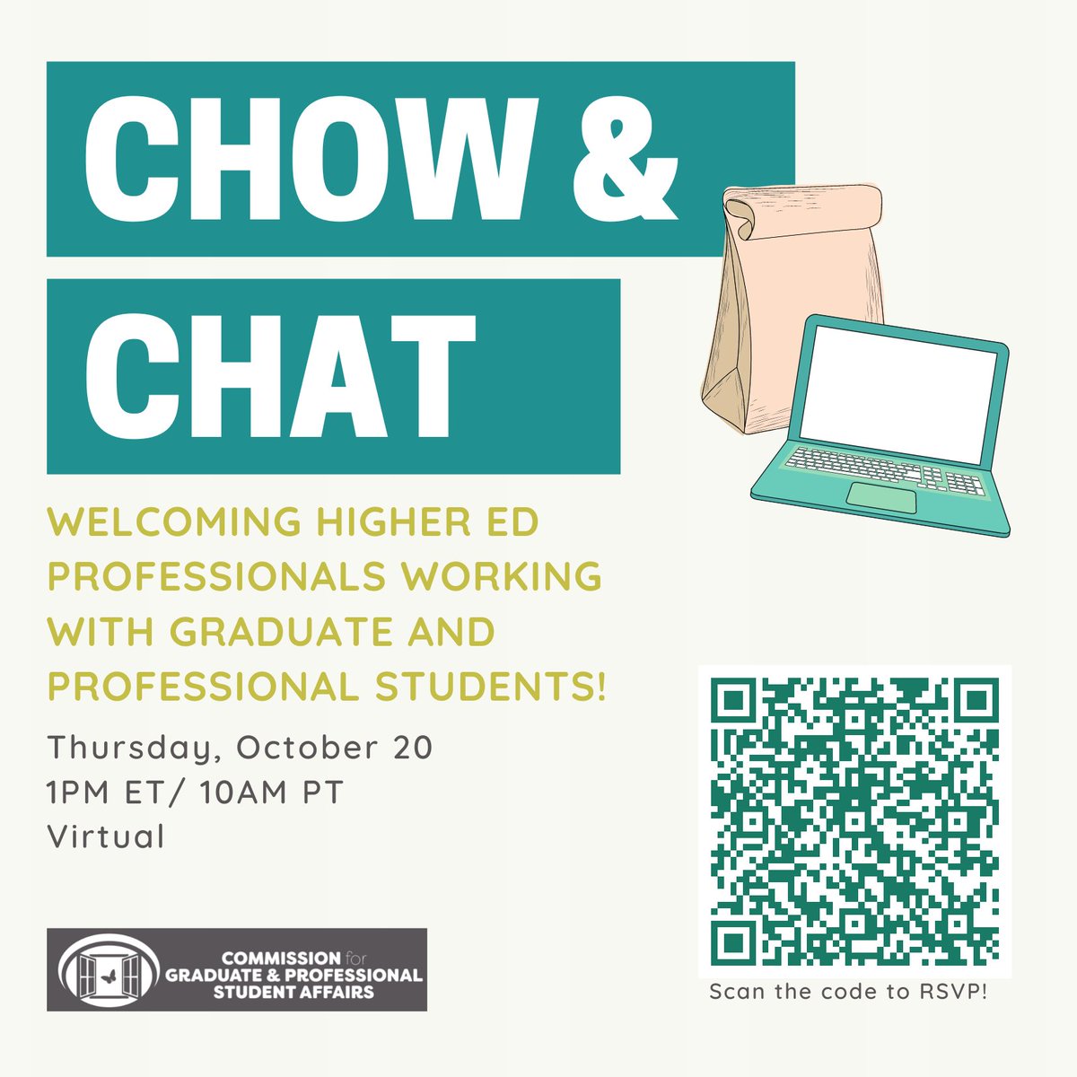 Join us for the our Chow and Chat lunch series! We’ll be discussing topics and issues pertinent to #highered professionals working with graduate and professional students. 

🗓  Thursday, October 20 
⏰ 1PM ET/ 10AM PT 
💻 RSVP Here: forms.gle/7wghwqojmJvzsQ…
