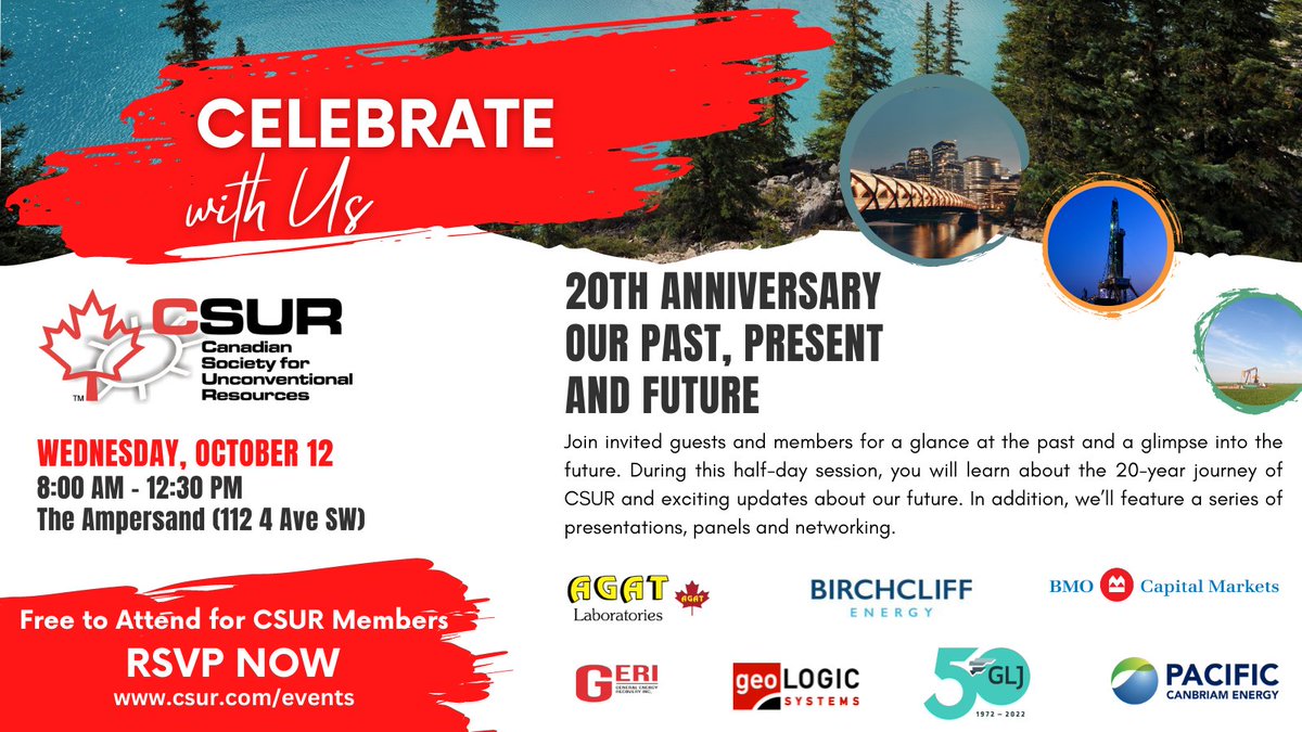 CSEEyyc's tweet image. HAPPENING TOMORROW (October 12, 2022).

REGISTER NOW at csur.com/events/#id=102…

Thank you @AGATLabs, @BMO Capital Markets, @geoLOGICsystems, @GLJPC, General Energy Recovery Inc, Birchcliff and Pacific Canbriam Energy for sponsoring this event.