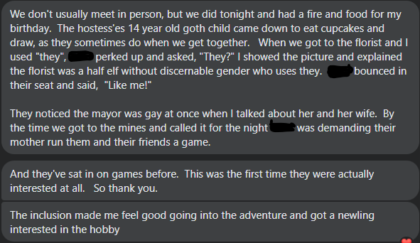 UnfetteredMuse's tweet photo. A friend of mine ran my Candlekeep adventure, "A Deep and Creeping Darkness," over the weekend. They sent me this message afterward 🥰🥰🥰

(Child's name removed for their privacy.)  #DnD https://t.co/AB3Wn0tZew