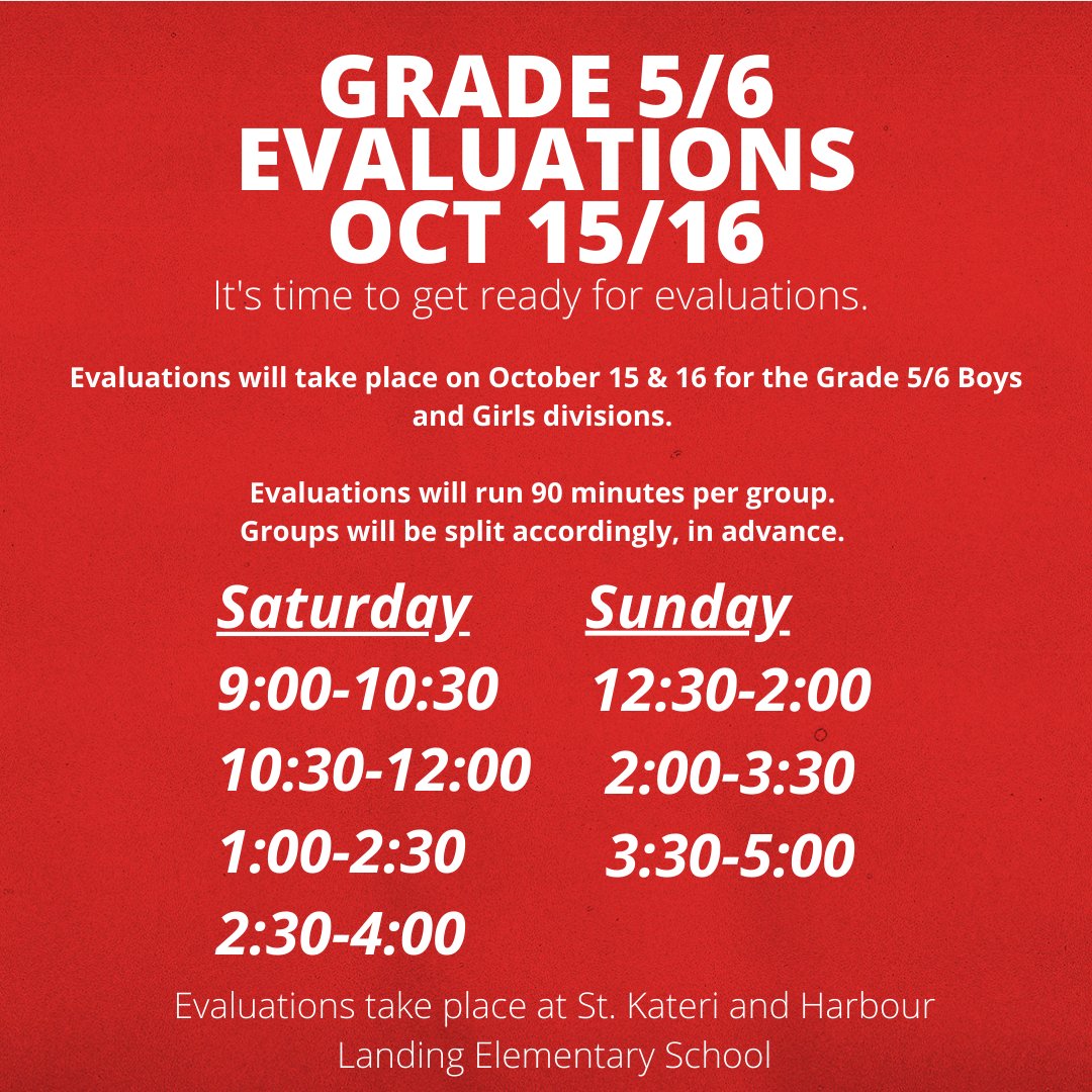 RCBAHoops's tweet image. Grade 5/6 Evaluations This Weekend 

A reminder that we will be having evaluations on October 15th &amp;amp; 16th at Harbour Landing and St. Kateri schools.

Times will be:

SaturdaySunday
9:00-10:30am
10:30am-12:00pm
1:00-2:30pm
2:30-4:00pm

12:30-2:00pm
2:00-3:30pm
3:30-5:00pm