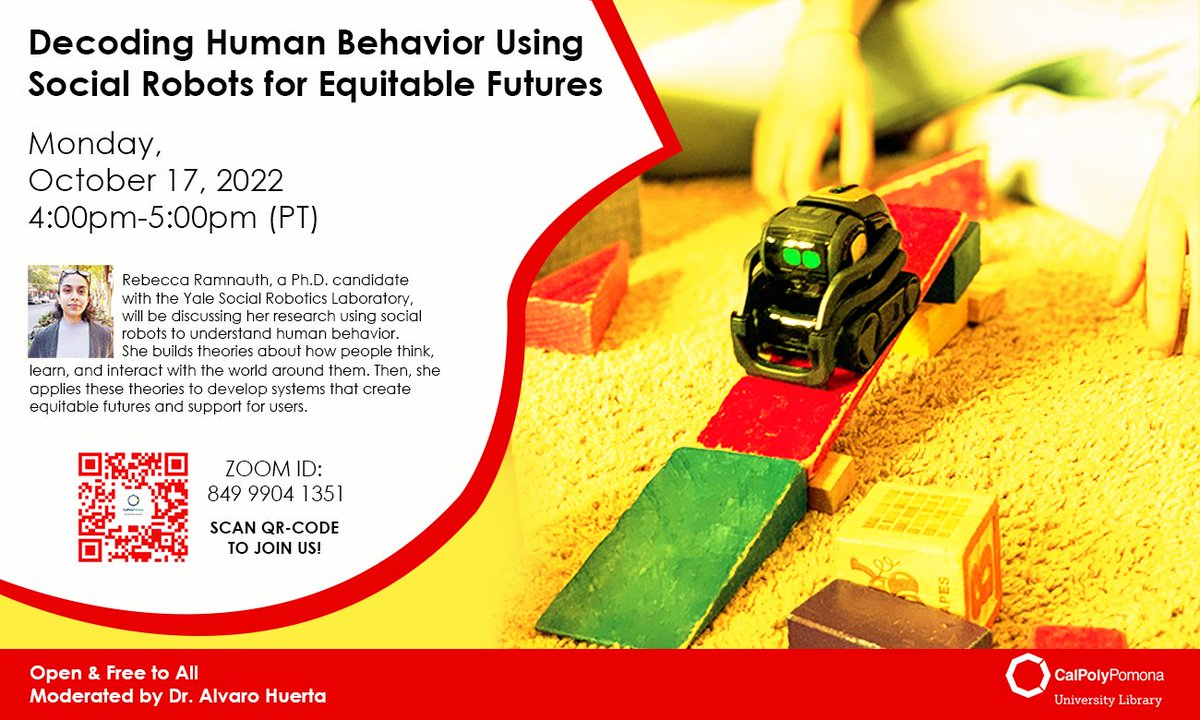 cpplibrary's tweet image. Join the library for a FREE virtual event on 10/17 at 4pm. Rebecca Ramnauth, a Ph.D. candidate with the Yale Social Robotics Laboratory, will be discussing her research using social robots to understand human behavior. Register here: cpp.libcal.com/event/9686652