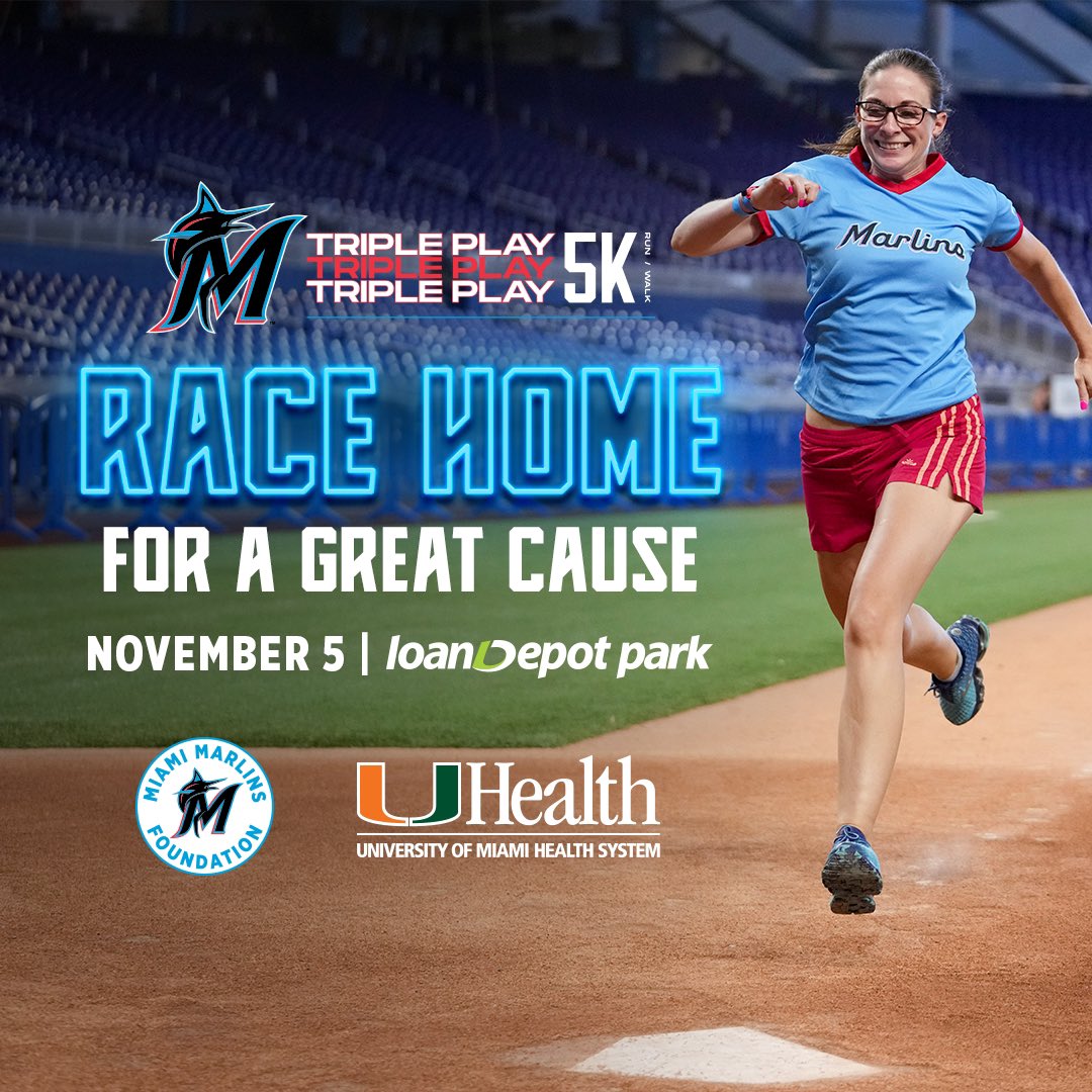 Lace up and step up to the plate for a 5K benefiting @UMiamiHealth research for brain health and mental wellness. Join us and finish across home plate on the @loanDepotpark field. #MakeItMiami 💥(REGISTRATION: marlins.com/tp5k ) 💥