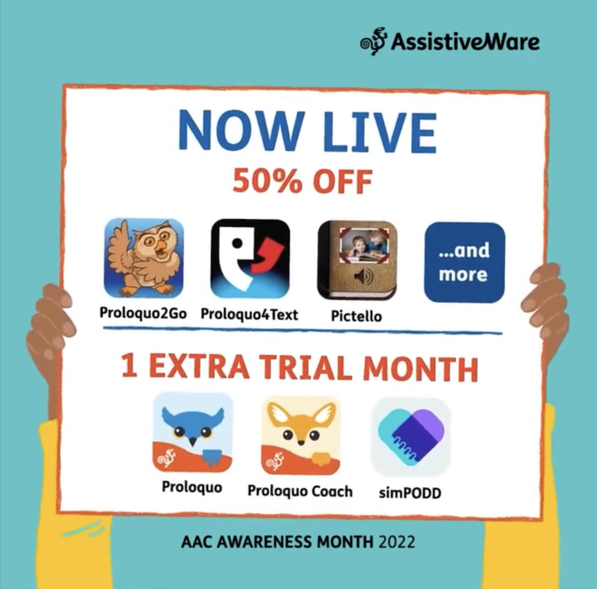 Kate_Dawson21's tweet photo. In honor of #AACAwarenessMonth,
#Proloquo2Go, #Pictello &amp; more AAC apps are 50% off!! Now-Oct 17th. Don’t miss out on this deal! #AACaware #Moretosay https://t.co/JGgw8NeMM9