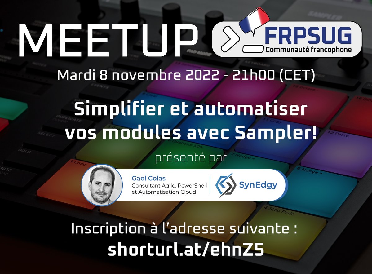 le prochain évènement du @FrPSUG est en ligne. @gaelcolas de @SynEdgy va nous présenter SAMPLER, son module pour automatiser vos pipelines CI/CD dans vos modules PowerShell ! #ReleasePipeline #PowerShell #cicd @mtg_france_org @MTG_Strasbourg shorturl.at/ehnZ5