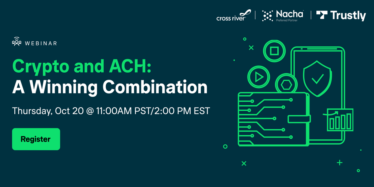 NachaOnline's tweet photo. Think Crypto and ACH don’t go together? Think again. Join us on October 20 to learn why crypto companies are interested in ACH and how modern ACH payments can help reduce risk and streamline the onboarding process. Register now. https://t.co/0aL2BgZp6E https://t.co/Kp7FKi5meC