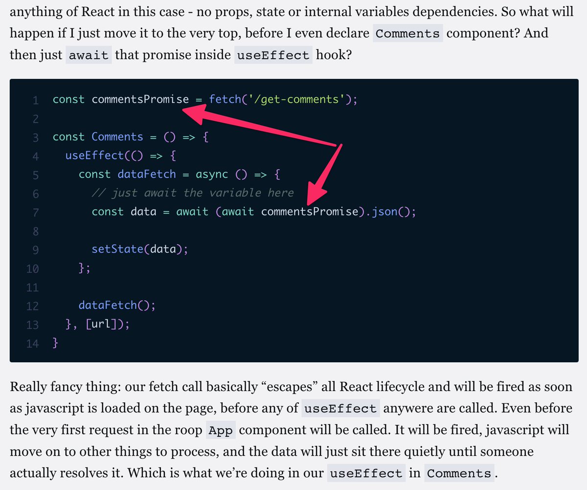 <a href="/shuding/"></a> <a href="/styfle/">Steven ⬢</a> <a href="/chibicode/">Shu Uesugi</a> <a href="/psuranas/">Prateek Surana</a> @Integrayshaun <a href="/ejmudrak/">Erik Mudrak</a> <a href="/NickOlszanski/">Nick Olszanski</a> <a href="/QwikDev/">Qwik</a> <a href="/a_mitrotasios/">Achilleas</a> <a href="/tremorlabs/">tremor</a> <a href="/MarkSShenouda/">Mark Shenouda</a> <a href="/jimniels/">Jim Nielsen</a> <a href="/iva_kop/">Iva Kop</a> <a href="/judehunterdev/">Jude Hunter</a> 🧵 How to fetch data in React with performance in mind - <a href="/adevnadia/">Nadia Makarevich 🇺🇦</a>

Deep dive into why data-fetching in React is not so straightforward

Perf => subjective / UX

Browsers // req limitations - http1

Exploring fancy techniques to solve waterfalls, cf img

developerway.com/posts/how-to-f…