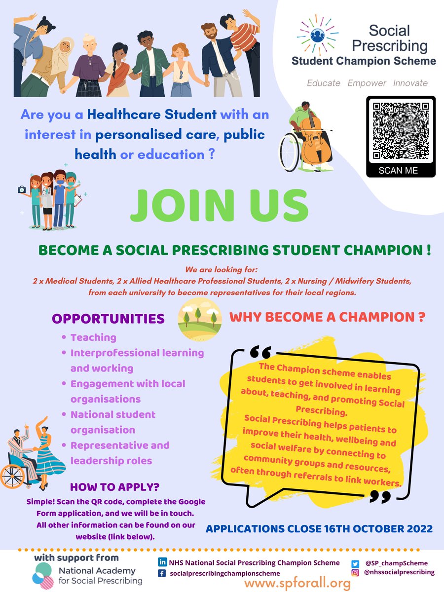 SPchampsM's tweet photo. Apply now to be a Social Prescribing Student Champion for your uni! https://t.co/bxaqS0nZee