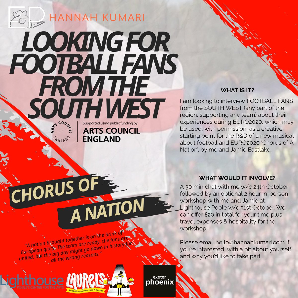 Hannah Kumari (@hannahkumari) on Twitter photo I’m looking to connect with FOOTBALL FANS from the SOUTH WEST to be part of the creative process for the R&D of mine and <a href="/jamieeastlake/">Jamie Eastlake</a> ‘s new musical CHORUS OF A NATION. Please share if possible. Thanks x I’m looking to connect with FOOTBALL FANS from the SOUTH WEST to be part of the creative process for the R&D of mine and <a href="/jamieeastlake/">Jamie Eastlake</a> ‘s new musical CHORUS OF A NATION. Please share if possible. Thanks x
