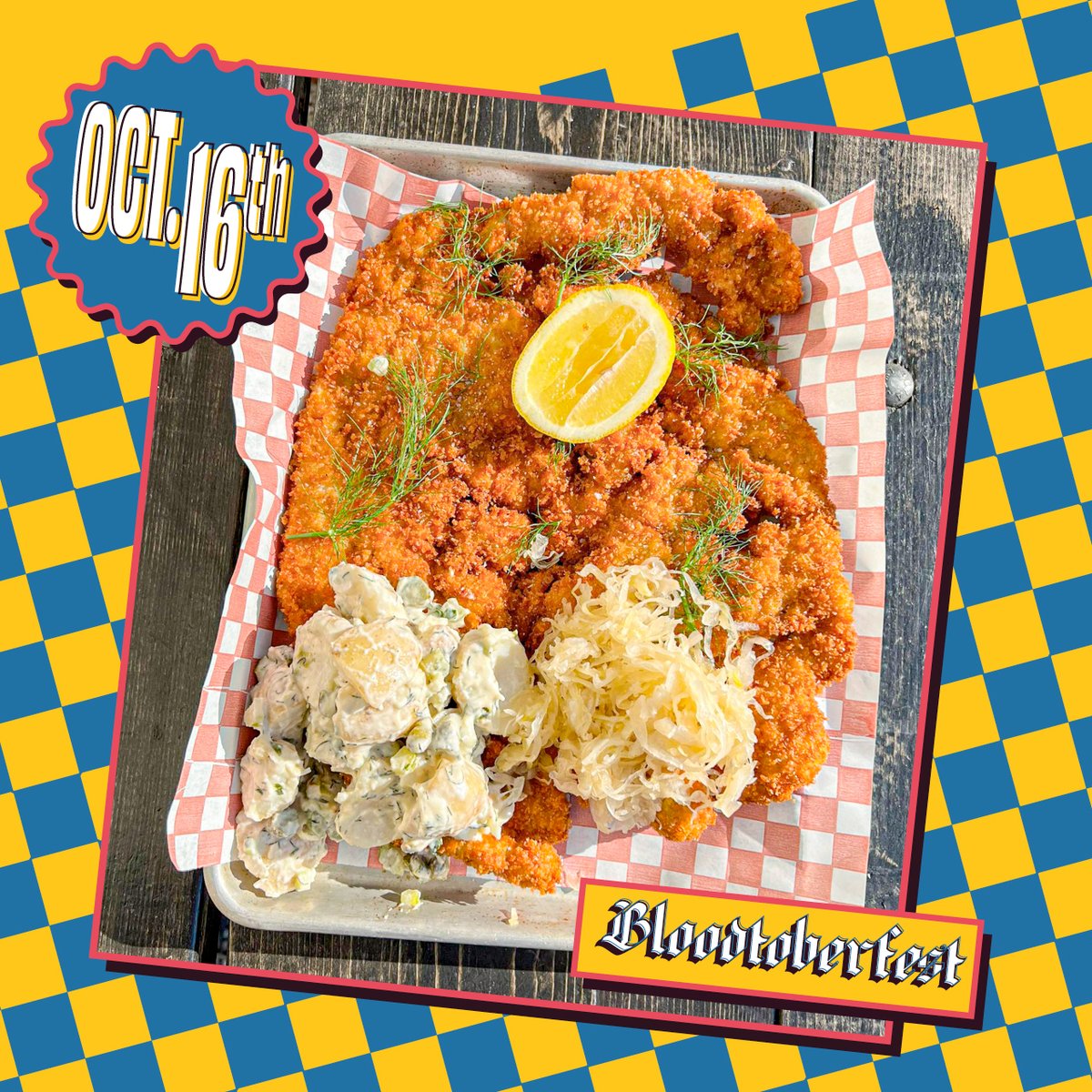 Have a look at the Beast Bloodtoberfest entree: a massive, perfectly breaded pork schnitzel, paired with German potato salad and Beast’s special recipe sauerkraut. Never fear vegetarians: we can substitute eggplant for the veggie meal! Pick up your tix and clear your Sunday!