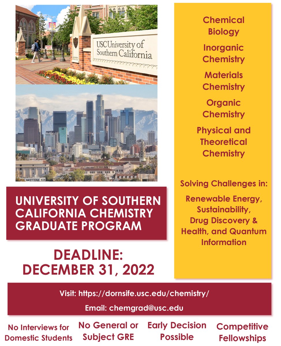 Interested in getting your Ph.D. in Inorganic Chemistry @USCChemistry? Apply today! Our amazing faculty work on many issues related to renewable energy, materials, and sustainability. And LA is a diverse, world-class city.