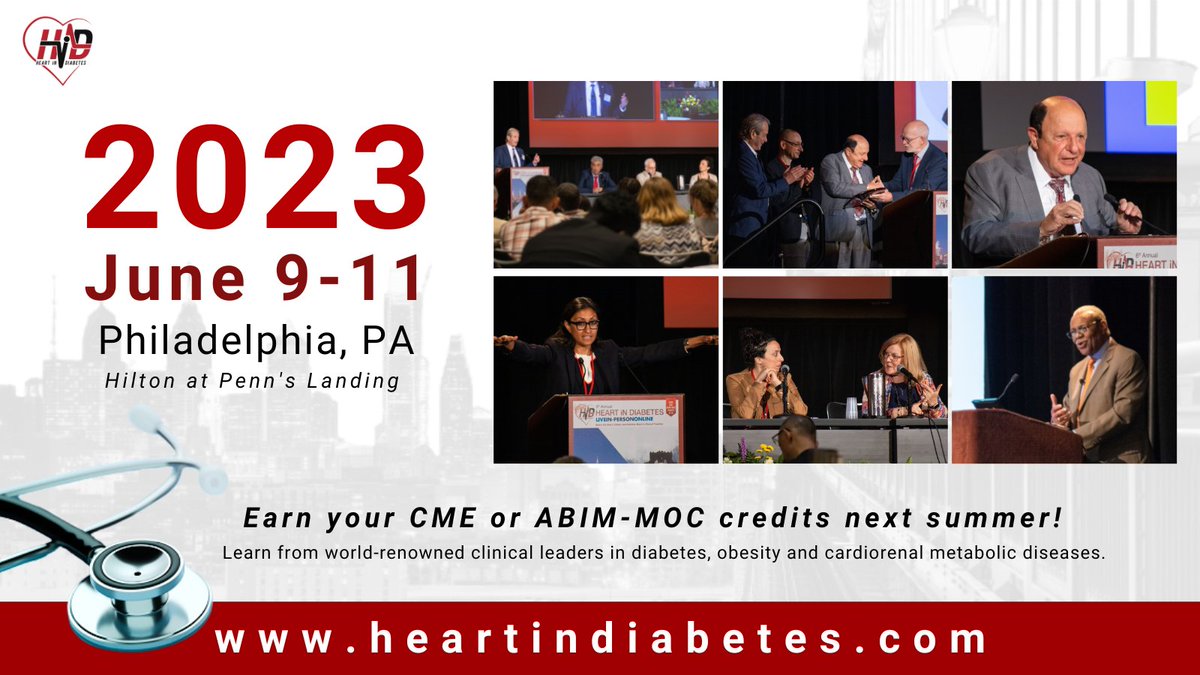 #HiD2023 is back in Philadelphia! Earn your #CME credits at the @HiltonPennsLndg and learn from world-renowned clinical leaders in #t2d, obesity, and #cvd to improve the care of high-risk patients. Take advantage of early registration by visiting heartindiabetes.com/registration #meded