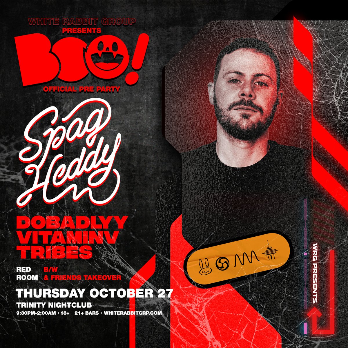 🍬<a href="/SPAGHEDDY/">SPAG HEDDY</a> is coming knockin’ on 10/27 for the <a href="/BOOHalloween__/">BOO Halloween</a> Official Pre Party at <a href="/TrinitySeattle/">Trinity Nightclub</a>! Support from <a href="/DoBadlyy/">𝔻𝕠𝔹𝕒𝕕𝕝𝕪𝕪</a>, #VitaminV, and #Tribes, with a #BW takeover in the Red Room.

🐰🎟️  Early Rabbit tickets now available at  bit.ly/wrgpresentsboo…
