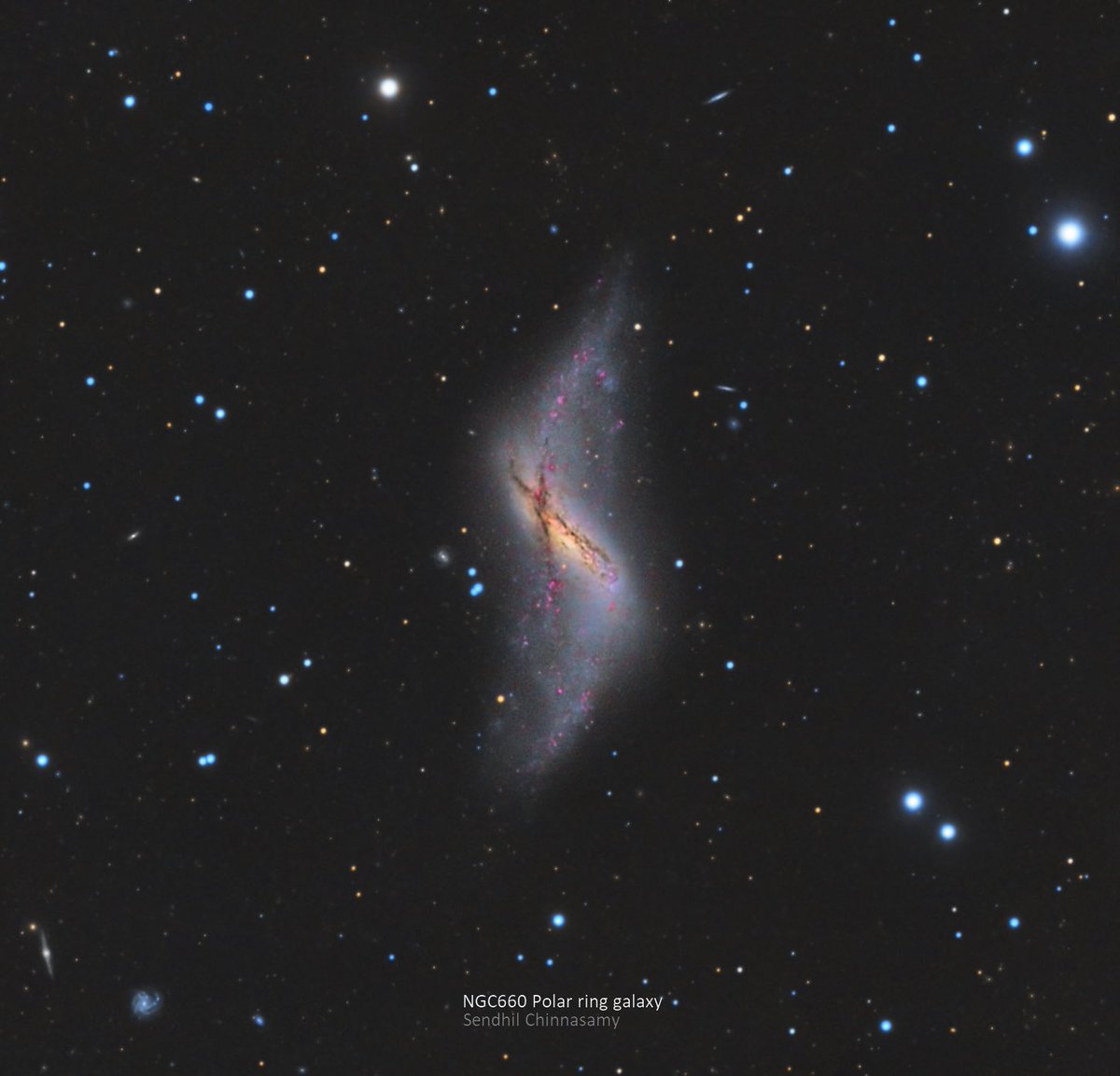 NGC 660 is classified as a "polar ring galaxy", meaning that it has a belt of gas and stars around its centre.

It is about 40 million light years in the constellation of Pisces. 

Exposure: 27h

Edge 11HD 
QHY268M
Chroma LRGBHa 
AP900
<a href="/QHYCCD/">QHYCCD</a> 
#Astrophotography