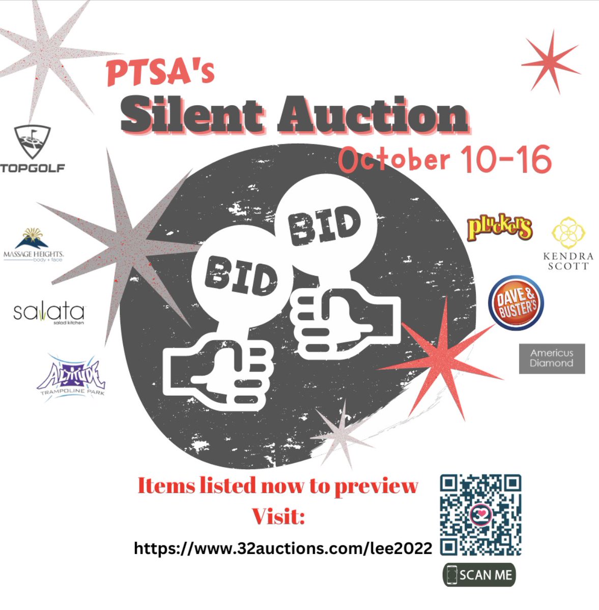 Our Silent Auction is Live. Place your Bids or Select Buy now to claim your items.

32auctions.com/lee2022
