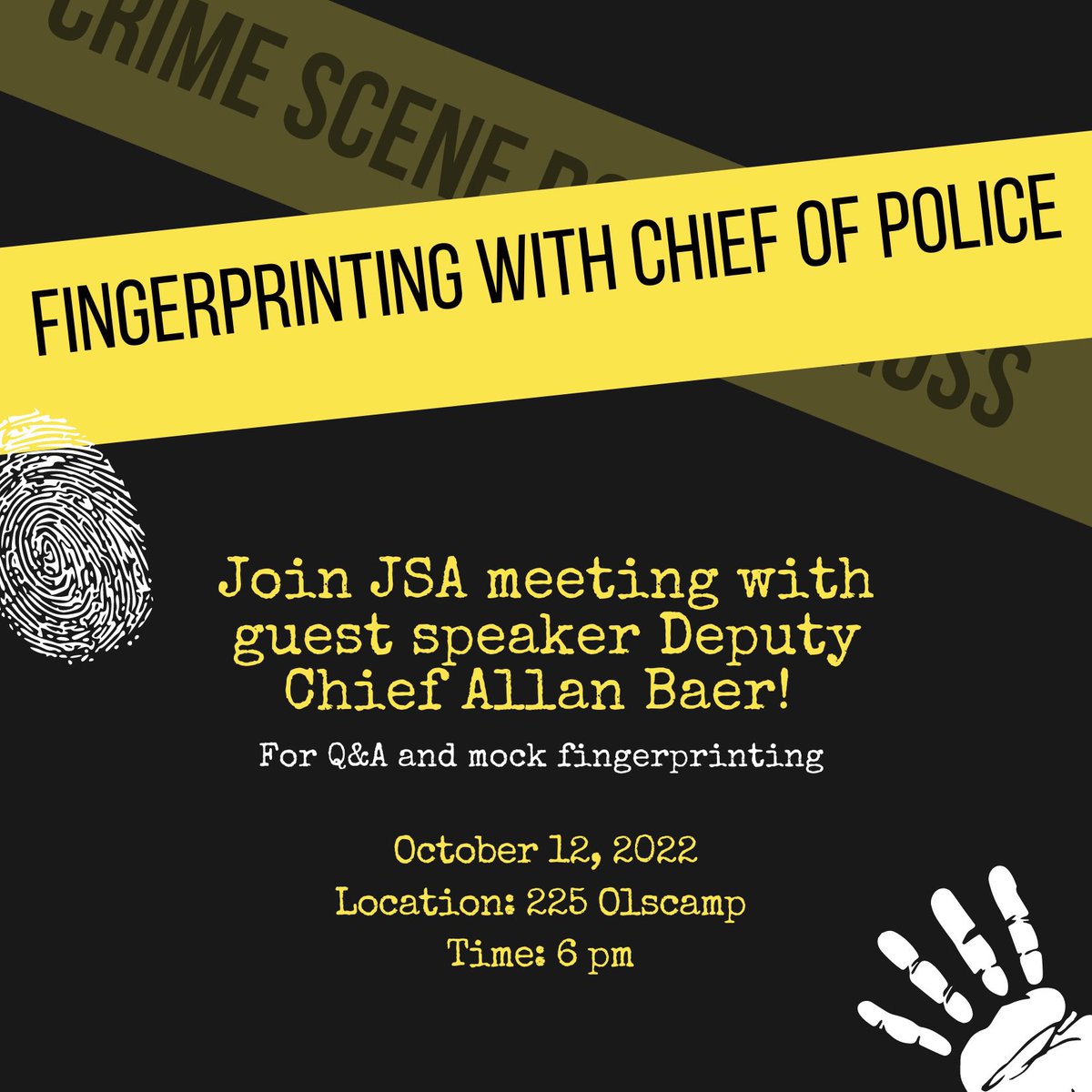 Join us tomorrow, October 12th, in Olscamp 225 @ 6 pm! 

Deputy Chief of Whitehouse PD, Allan Baer, will be coming in to guest speak about crime scene investigation. He will also walk us through a mock fingerprinting, where you will be able to dust and lift a fingerprint!
<a href="/BGSUCJ/">BGSU Criminal Justice</a>