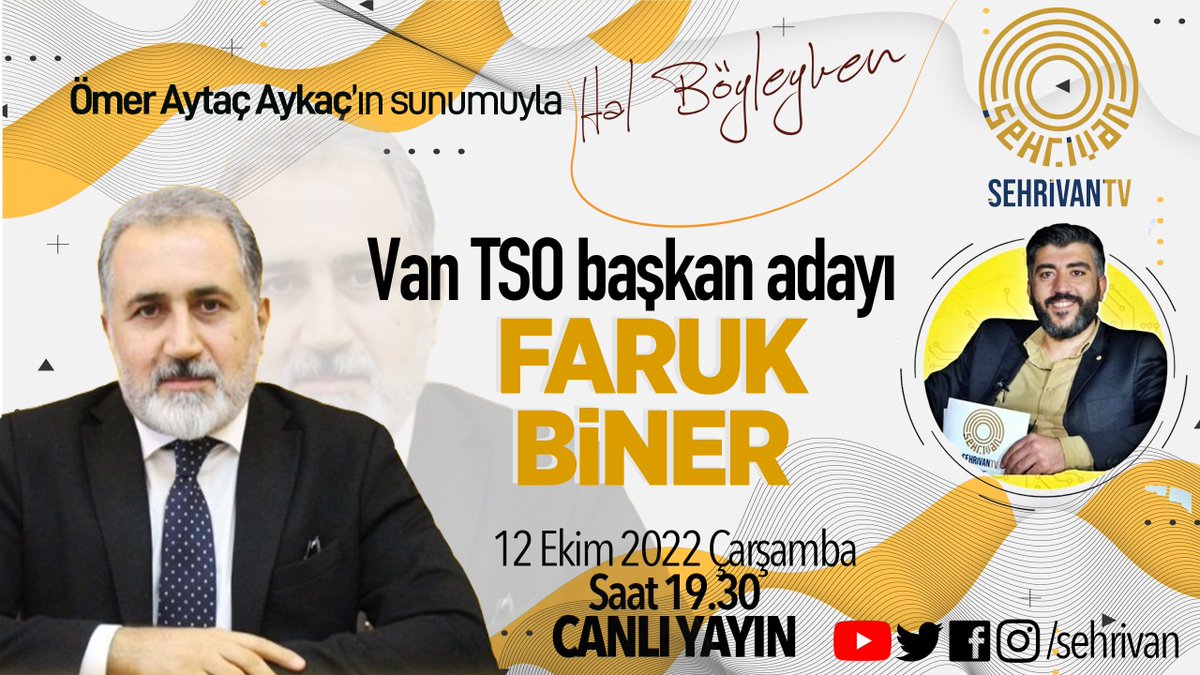 sehrivantv's tweet photo. Van Ticaret ve Sanayi Odası Başkanlığı'na 'Sarı Liste' ile aday olan FARUK BİNER, Şehrivan TV'nin konuğu oluyor. Ömer Aytaç Aykaç soracak, Faruk Biner cevaplayacak.
Seçim Özel yayını 12 Ekim 2022 Çarşamba günü saat 19.30'da Şehrivan TV ekranlarında olacak!
@faruk_biner @sehrivan https://t.co/4sL2blZE7N
