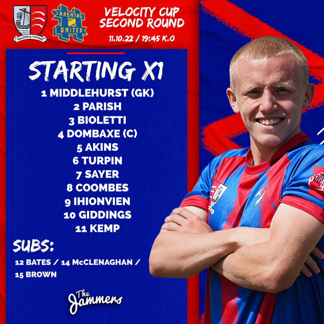MaldonTiptreeFC's tweet photo. ๐จ Your Jammers starting 11 to take on @hashtagutd this evening!
๐งฑ@lance_akins returns in defence.
๐โโ๏ธ @16coombes in midfield.
๐ฏ @bradihi up top.
#Jammers๐#MALHAS https://t.co/XoFpq3nXXL