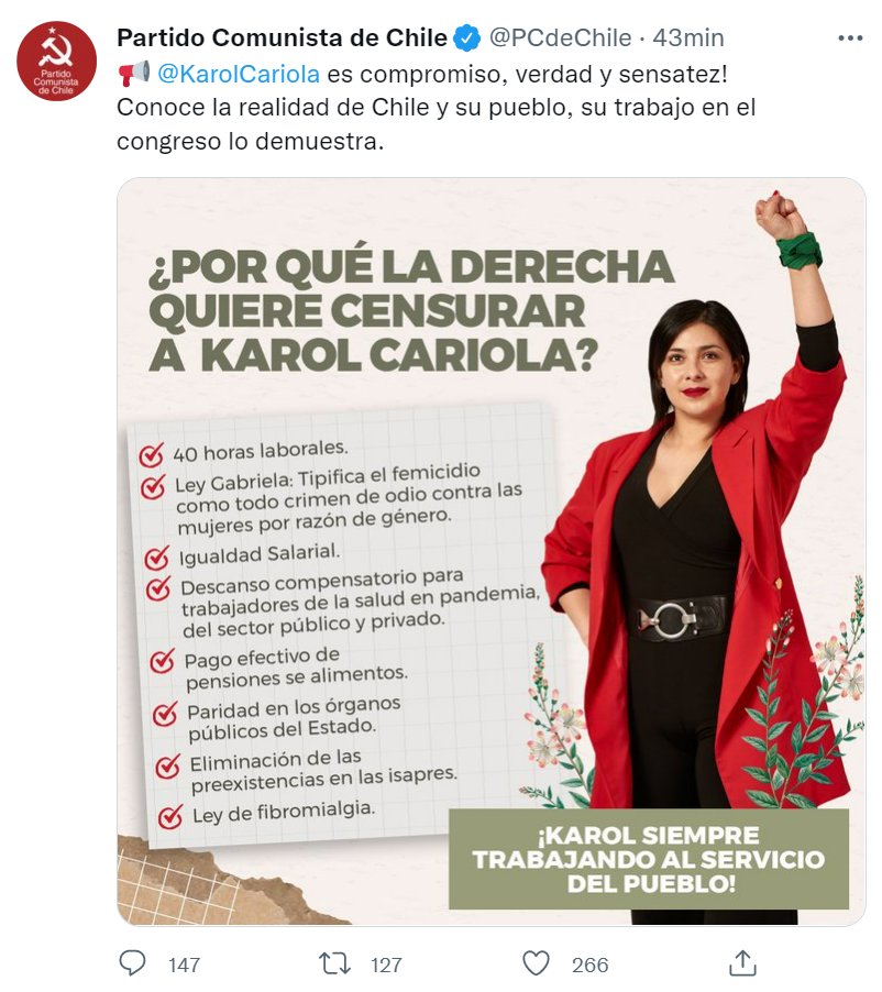 sergiou01329861's tweet image. Partido Comunista lanza campaña: "Cariola la buena".
Teillier la necesita de Presidenta de la Cámara para que desde ese sitial, apure y gestione el 2do. proceso constituyente.
También necesita que ponga en tabla proyecto: "Reforma bolivariana doctrina educacional de las FF.AA".