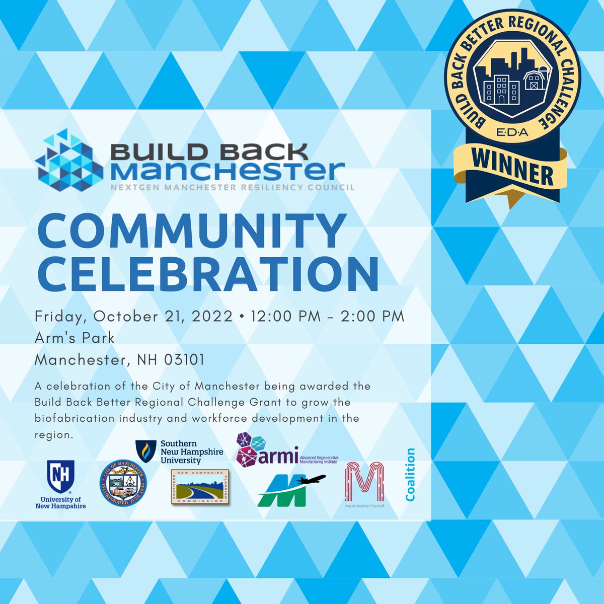 manch_econ_dev's tweet photo. Mark your Calendars for Friday, October 21, 2022, for a free community wide celebration from 12:00pm – 2:00pm of the City of Manchester being awarded the Build Back Better Regional Challenge Grant. #luvMHT #EconomicDevelopment #ChooseMHT https://t.co/fsS7aGlbwP https://t.co/i0PvbfjlEA