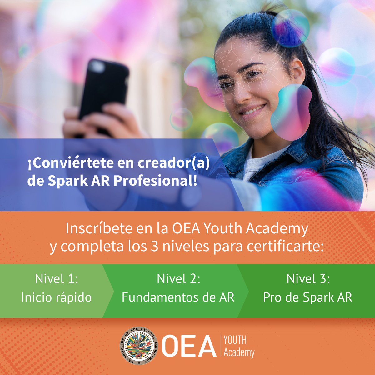 OEA_Desarrollo's tweet photo. ¡Empieza hoy! 🙌🏽👩🏽‍💻 A través de la #YouthAcademy de la @OEA_oficial, puedes convertirte en Creador de Spark AR certificado por @meta ¡y sin costo!  

Regístrate 👉🏾 https://t.co/95KKvuumX0 https://t.co/wCTINWMc4C