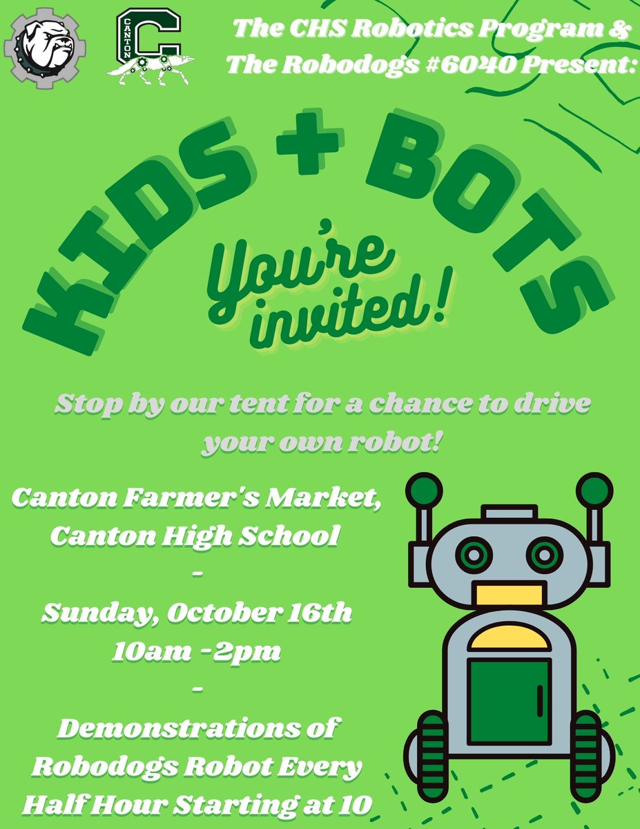 KathleenHealey3's tweet image. KIDS &amp;amp; Robots = lots of fun! Join the Canton Robodogs at the Canton Farmers Market this Sunday, Ocotber 16th for Robot Demos and kids driving bots! The CHS Robotics teams will also be running an E-Waste fundraiser in the CHS parking lot behind the Rodman too. See you then!
