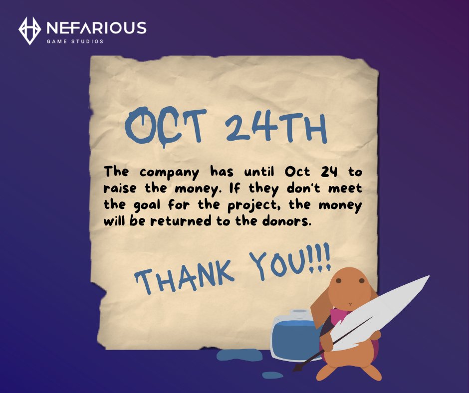 NefariousGameSt's tweet photo. Nefarious has until OCT 24th to meet the funding goal, if we do not meet it the donations will be returned to our donors. 

Thanks for all your support! https://t.co/pqLsFYPVu7