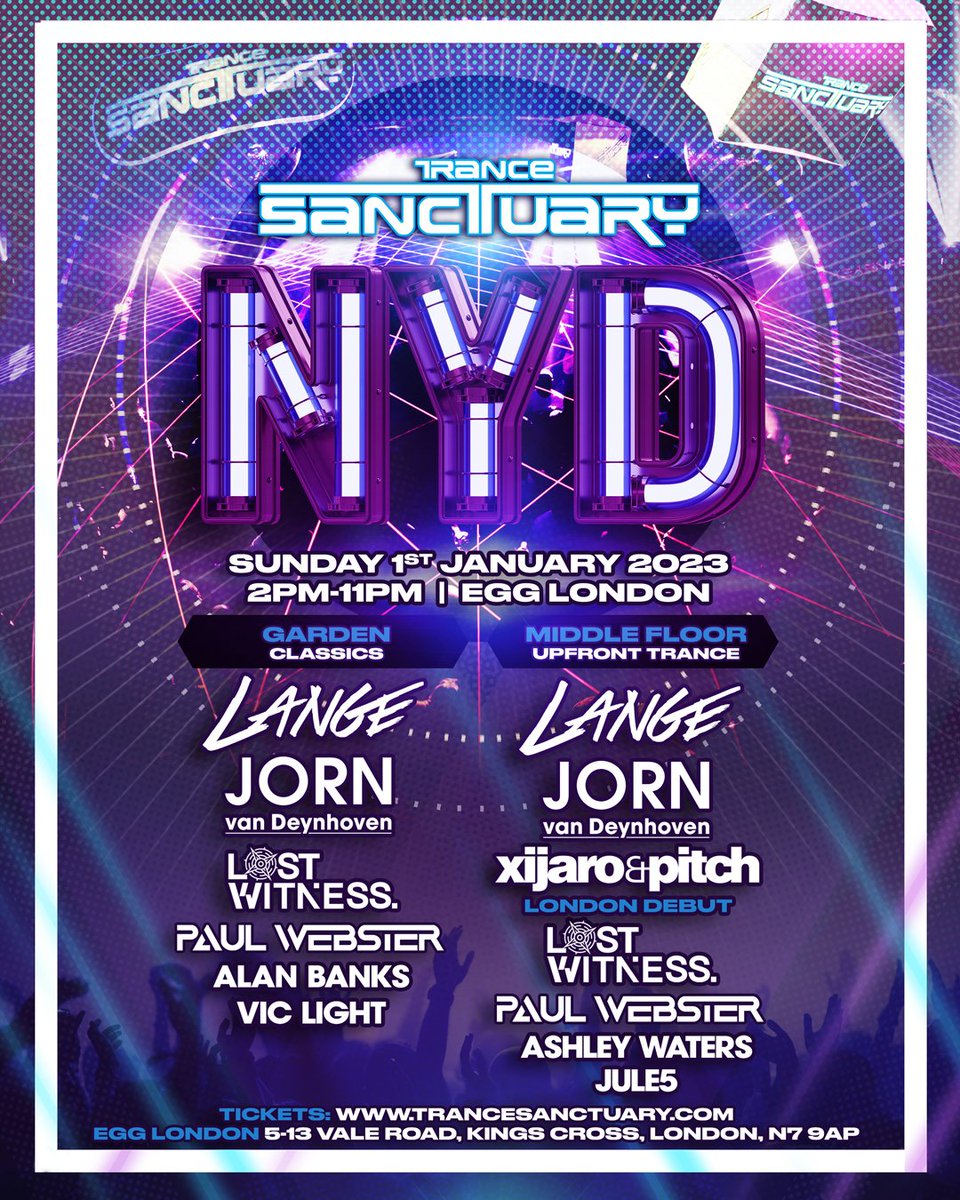 We're excited to announce the line up for our NYD party  with 2 rooms of new upfront and classic Trance featuring <a href="/djlange/">Lange</a> <a href="/vandeynhoven/">ydoei823lso</a> <a href="/silostwitness/">SI Paul</a> <a href="/XiJaroAndPitch/">XiJaro & Pitch</a> <a href="/paulwebsterjpw/">Paul Webster</a> Ashley Waters, <a href="/AlanBanks_/">Alan Banks</a> <a href="/viclight/">Vic Light</a> <a href="/BlueScorpion84/">Jule5</a>. 
Tickets - skiddle.com/e/36187437
#trance