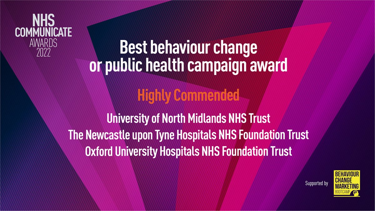 NHSCommunicate's tweet photo. Well done to all our highly commended entries for Best Behaviour Change or Public Health Campaign Award, supported by @ruth_dale (Behaviour change marketing bootcamp)!π
#NHSCommunicate https://t.co/fQ6yobZPpF