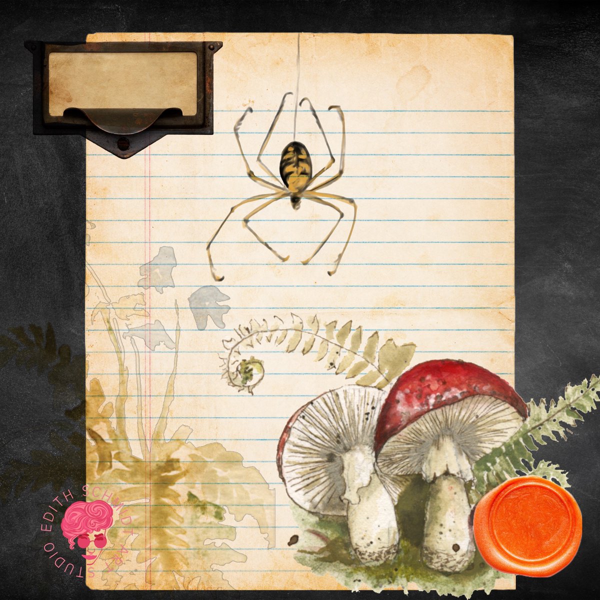 EdithSchmidtLLC's tweet image. As I am working through some of my new #hand-drawn #elements, I thought that I would put together some #collages to help with the visualization of what you can create with them. Here is a journal Page. I love the #spider I created and all the #mushrooms and flowers.