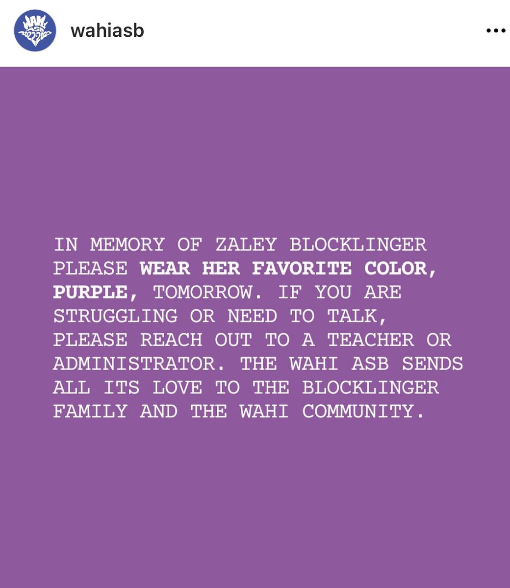 WadeSmithEdD's tweet photo. As I walked across the #WaHi campus today @wwschools it was so powerful too see the support from @wwschools students wearing purple for #Zaley. #seaofpurple @WaHiGirlsSoccer @WAHIASB @THC_WW @WaHi_Athletics @WaHiCCC https://t.co/m3UDwt945Q