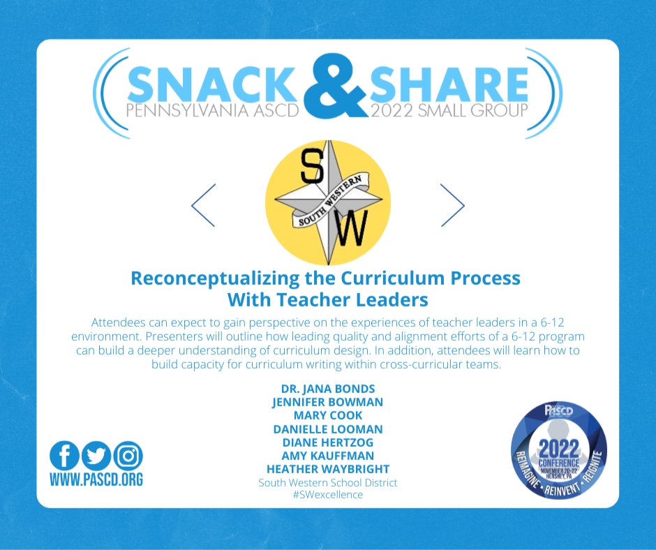 PASCD's tweet photo. The Snack and Share sessions are twenty-minute micro-presentations on the best practices! Check out "Reconceptualizing the Curriculum Process With Teacher Leaders" and the rest of the sessions at https://t.co/s7uvbvKlJg!
Registration is now open!
#SWexcellence #SnackandShare2022 https://t.co/Le1a9nNUcG
