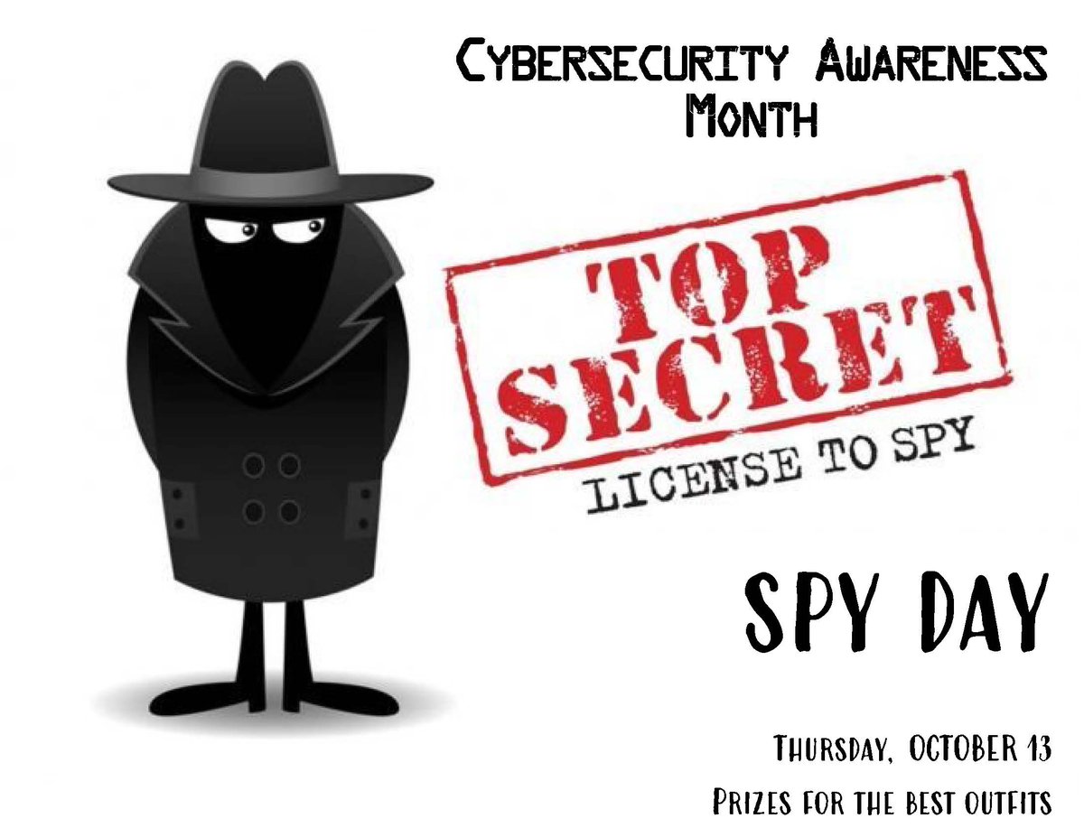 Your mission if you choose to accept. Our #CybersecurityAwarenessMonth spirit day of the week is Thurs, Oct 13th. So breakout those disguises, sunglasses, &amp; go undercover. Best outfits will be rewarded with a special treat from <a href="/kristi_rice/">Kristi_Rice</a> <a href="/SpotsySchools/">Spotsylvania County Public Schools</a> <a href="/SpotsyKnights/">Spotsy Knights</a> #CyberVA